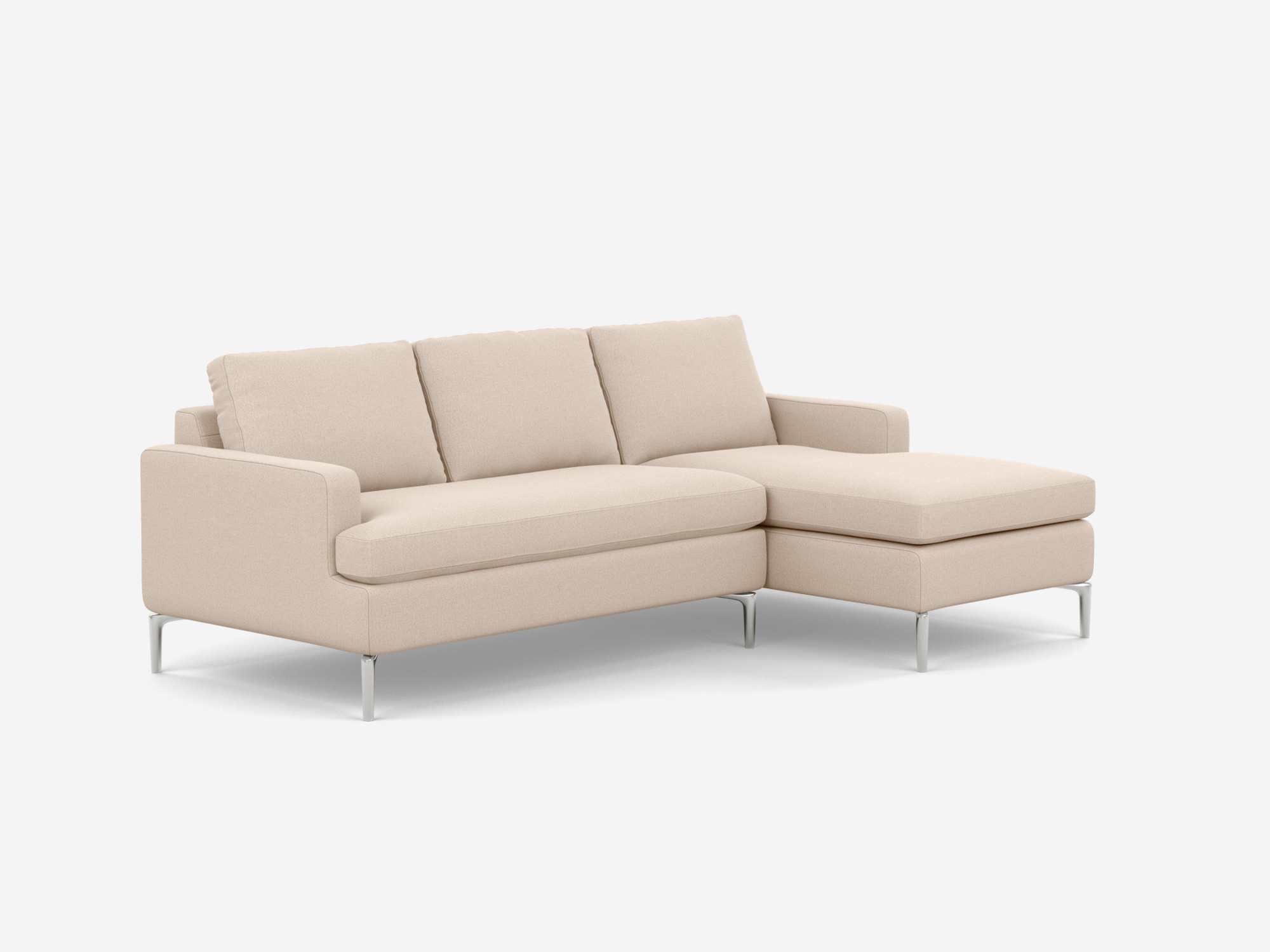 Corner view of the Eve mid century sectional in white fabric with right chaise